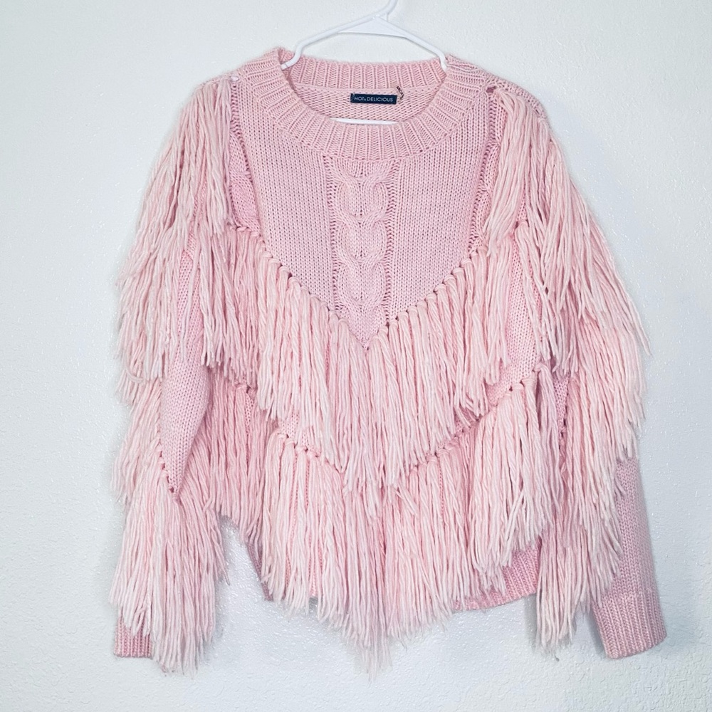 Hot & Delicious Pink Boho Maximalist Western Fringe Cable Knit Sweater Medium